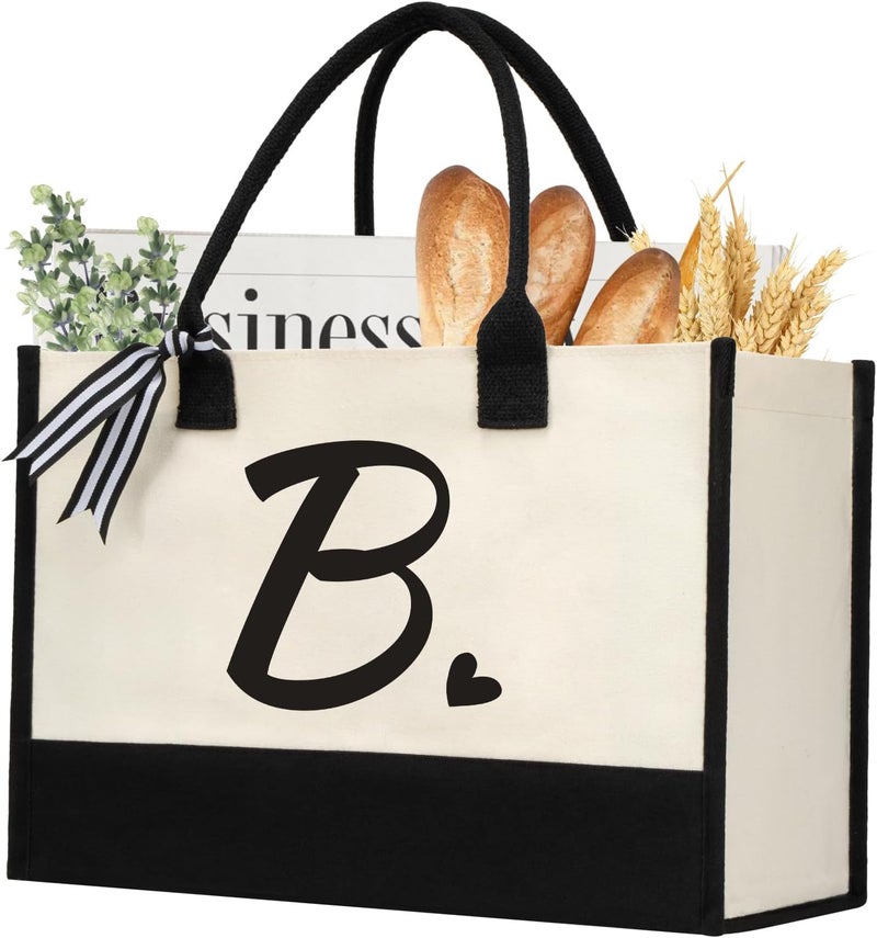 shenee Initial Canvas Tote Bag, Personalized Beach Jute Bag Present for Women Holiday,Friends Birthday Gift,Wedding, New Year - Image 1